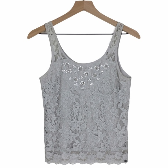 ABERCROMBIE & FITCH Tank Top Lace Rhinestones Floral Flowers Stretch Y2K Small - Picture 10 of 10